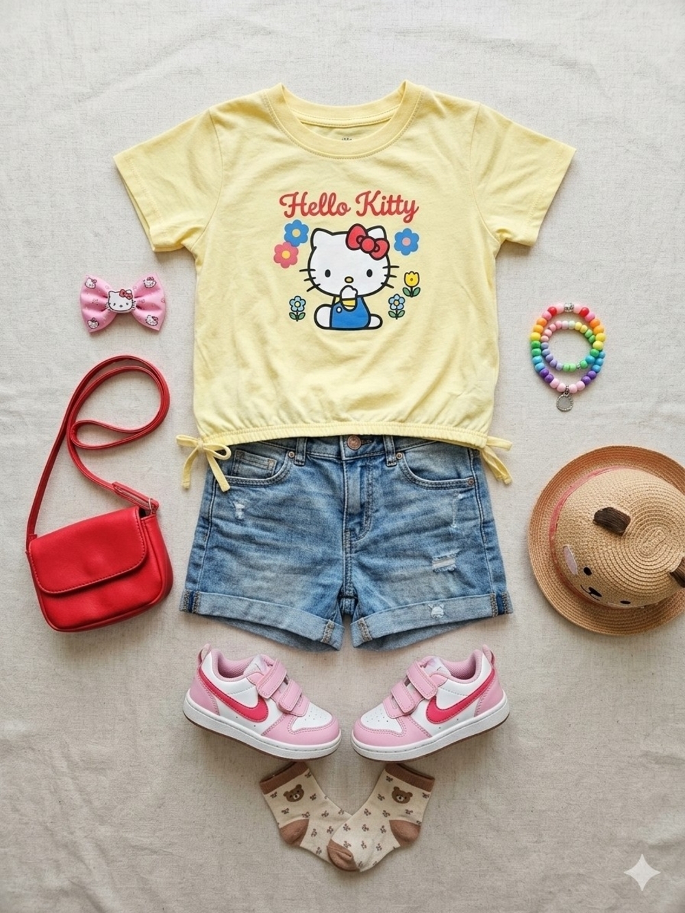 Hello Kitty Yellow Short Sleeve Tee with Multicolor Graphic and Tie Hem